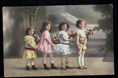 Switzerland Children's Postcard: Three Girls and a Boy with Flowers, WÜLFLINGEN 10.4.1915