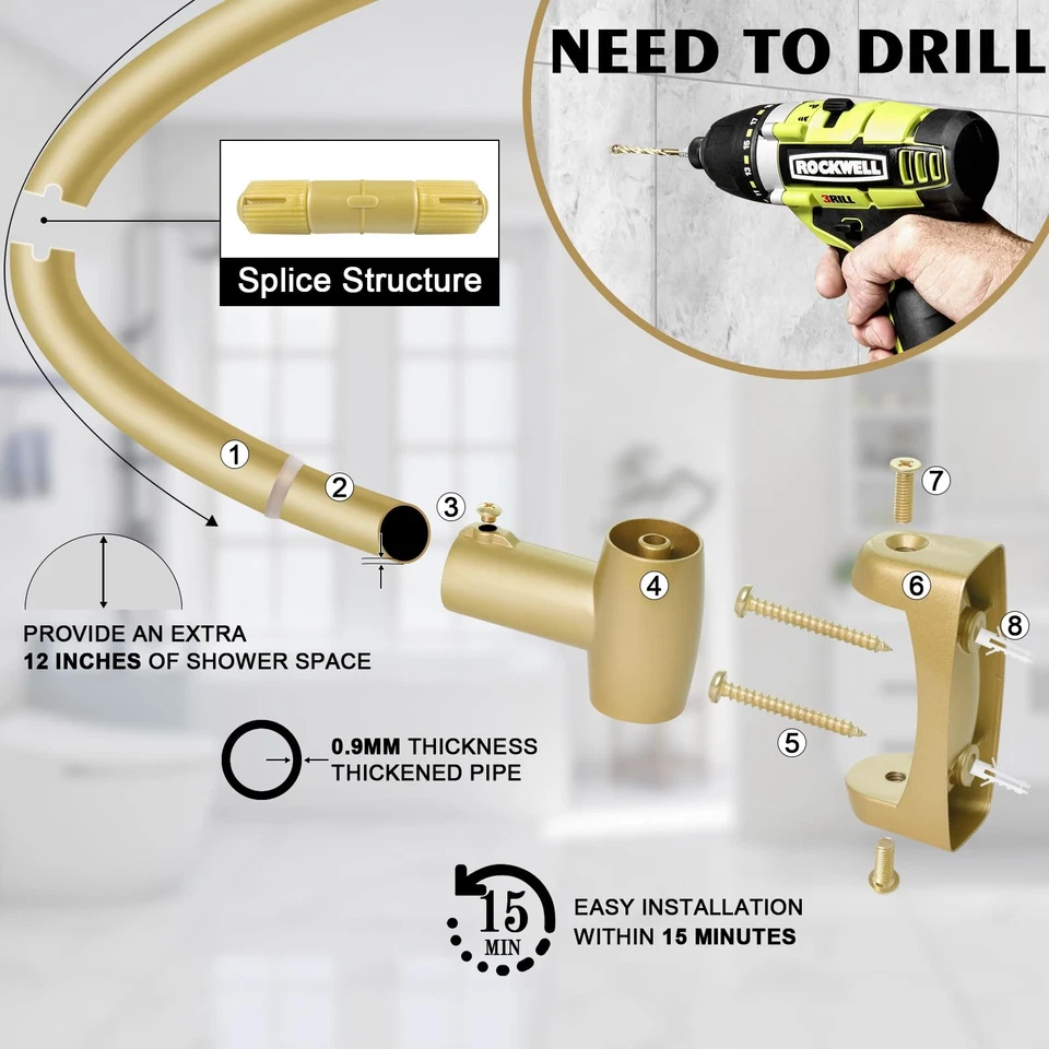 Varilla de ducha expandible, dorada, diseño curvo, a prueba de óxido, antideslizante, se requiere taladro Foto 4 de 4