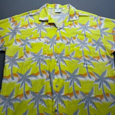 Tropicana Vintage Palm Tree Sunset Hawaiian Shirt Mens M Neon Yellow Made in USA