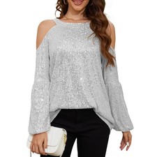 Sequin Tops for Women Sequin Halter Tops Balloon Long Sleeve Sparkly Glitter ...