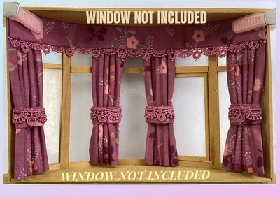 Dolls house bay window curtains - Plum with flowers - 1:12th 5" long - Image 1 of 4