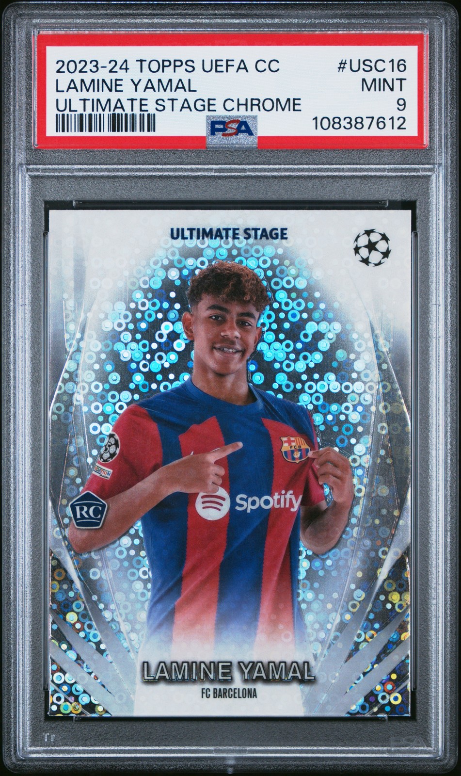 2023-24 TOPPS UEFA CLUB COMPETITIONS ULTIMATE STAGE CHROME LAMINE YAMAL PSA 9