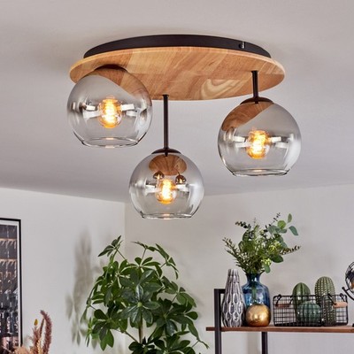 Schwarze Retro Deckenlampe aus Metall & Holz mit Glas-Schirmen - E27 Wohnzimmer