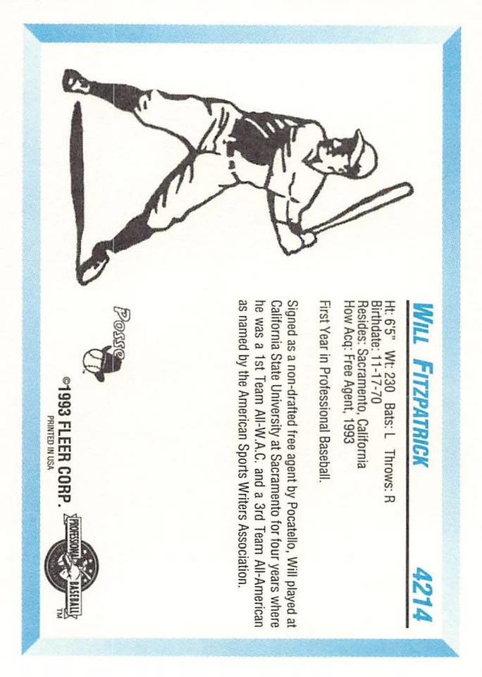 Will Fitzpatrick 1993 Fleer ProCards 4214 Pocatello Posse Baseball Card - Image 2 of 2