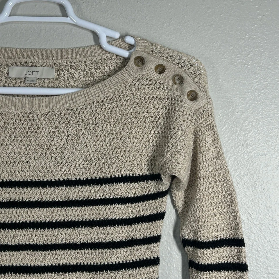 LOFT Sweater Womens M Striped Button Shoulder 3/4Sleeve Linen Blend Beige Knit - Image 4 of 4