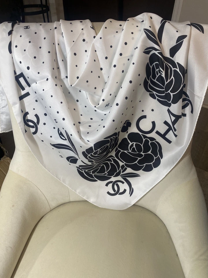 Chanel women  flower Pattern White x Black Silk Scarf   - Image 2 of 4