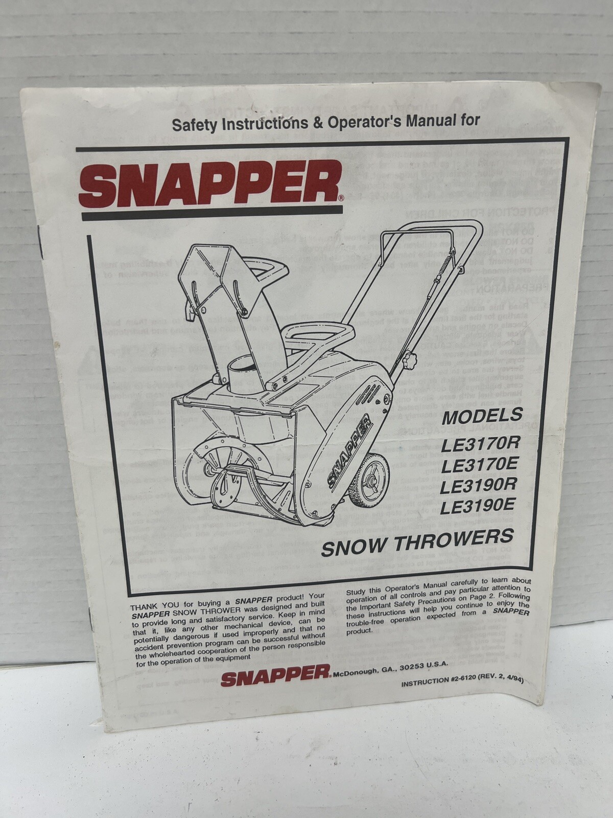 Snapper LE3170R LE3190R LE3170E operators manual | eBay