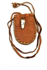 Native American Brown Leather Pouch, Yellow Cobra  Pendant, Cherokee , COA  #641