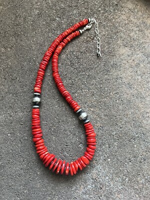 Sterling silver red coral graduated bead necklace 18 inch