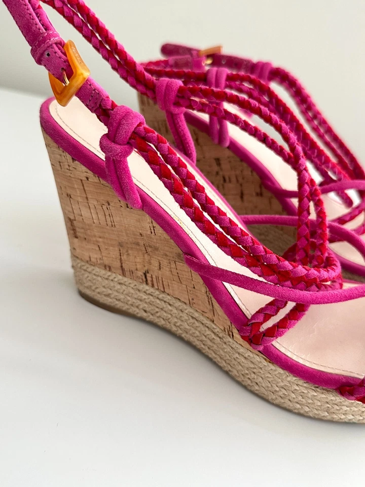 PRADA Strappy Suede Slingback Cork Wedge Sandals in Fuchsia Red Size 38.5 - Image 3 of 4