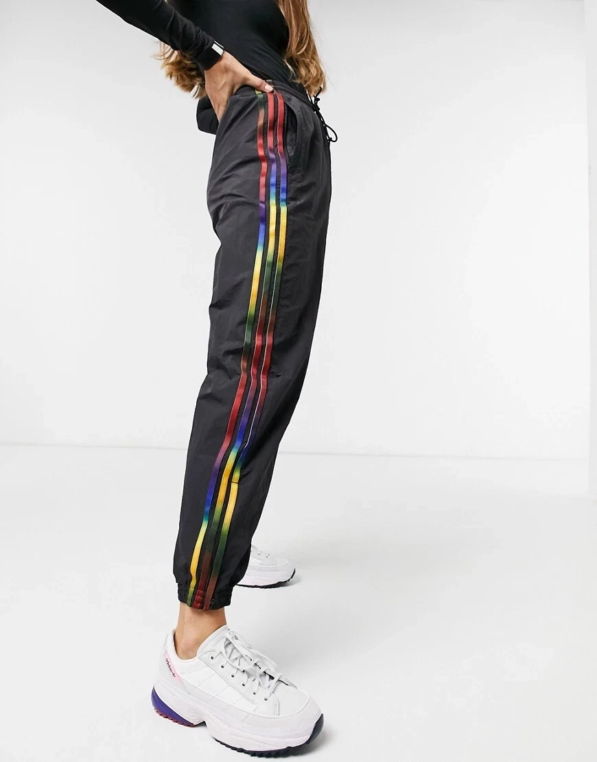 NEW Adidas Originals Womens Adicolor Rainbow Stripe Track Pants - Black - XS