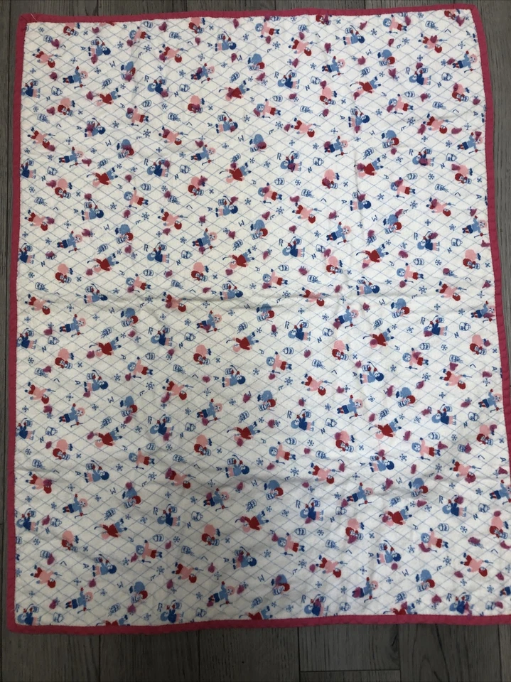 Colcha feita à mão com nós cobertor de bebê tecido de flanela rosa azul 33 x 27 vintage anos 70 - Imagem 3 de 4