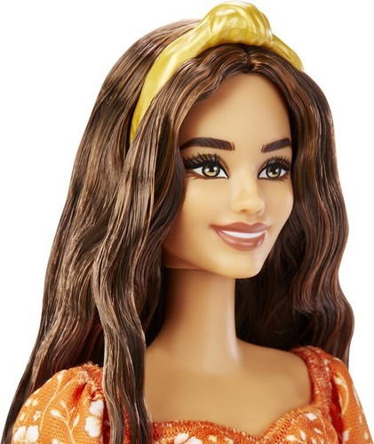 BARBIE Doll Long Wavy Brunette Hair Headband Orange Flower Print Décor Dress - Picture 1 of 12