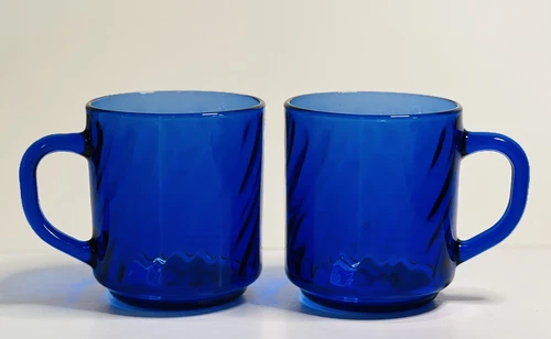2 Vtg Retro Arcoroc Cobalt Blue Swirl Glass Tea Coffee Cups Mugs Made In France