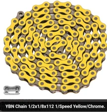 SINGLE SPEED BICYCLE CHAIN YELLOW & CHROME 1/2"X1/8"X 112,CRUISER,BMX