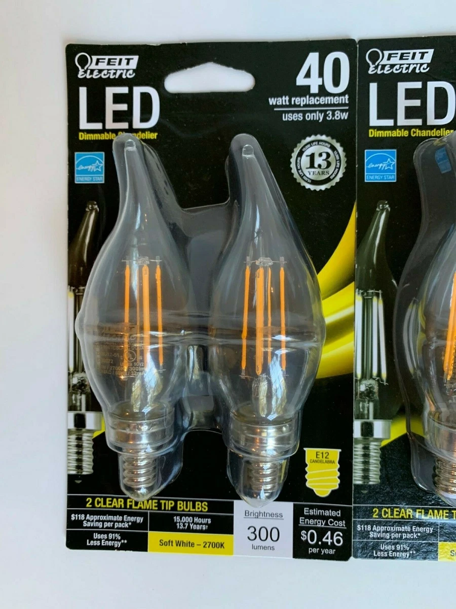 2 Packs of 2 FEIT Electric 40 Watt Dimmable CA10 Clear LED Bulbs Candeabra Base