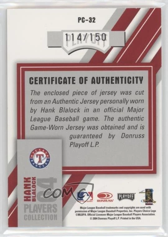 2004 Donruss Studio Players Collection Relics Red /150 Hank Blalock #PC-32 - Image 2 of 2