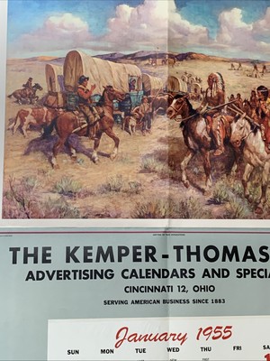 GIANT Wild West Calendar Sign Kemper Thomas Cincinnati 1955 Becher Horses Indian