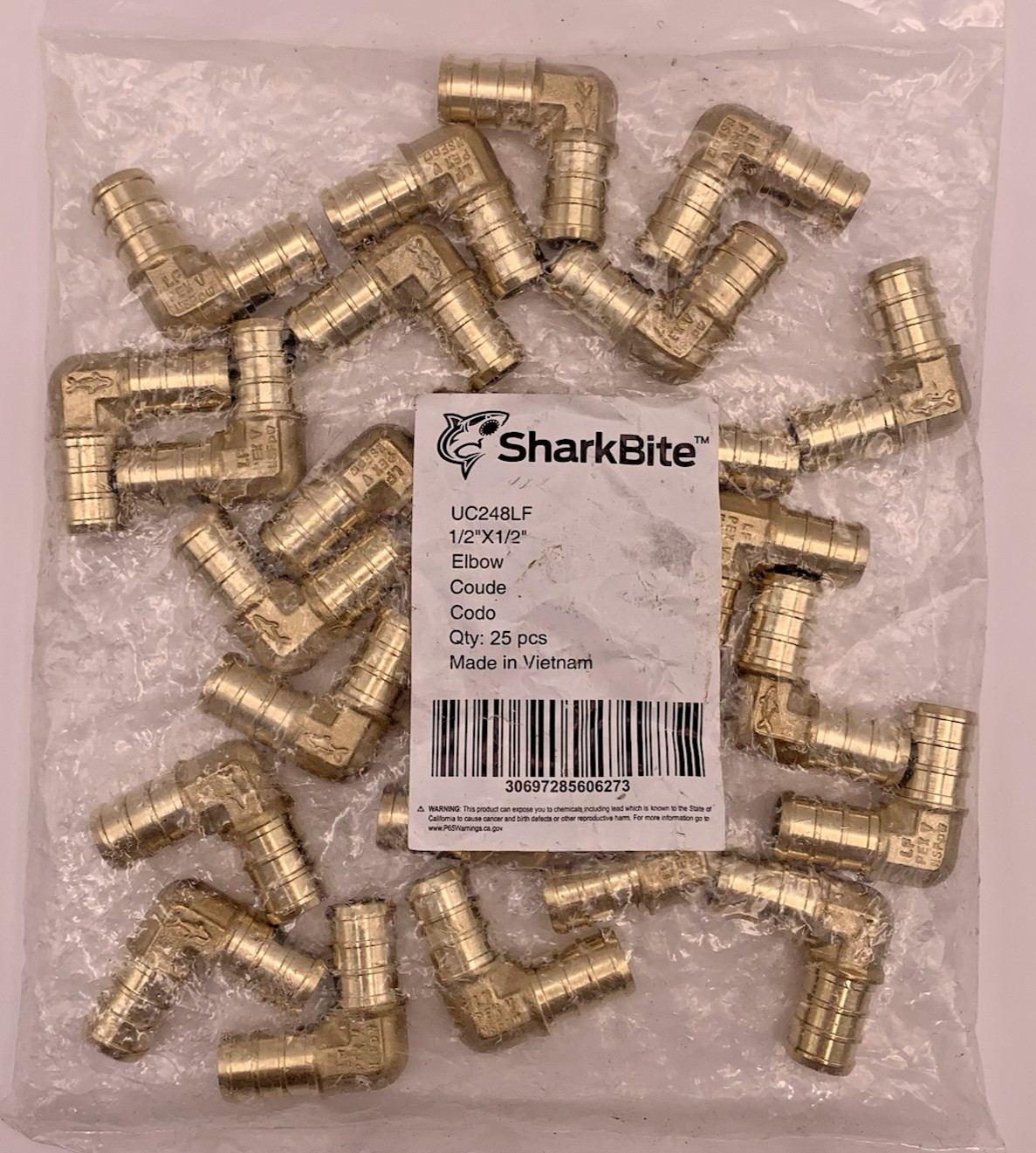 SharkBite 1/2" x 1/2" DZR Brass Pex Crimp Barb 90° Elbow UC248LF Qty 25 New