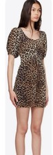 Ganni Leopard Print Ruched Puff Sleeve Short Bodycon Mini Dress Size 36 Regular