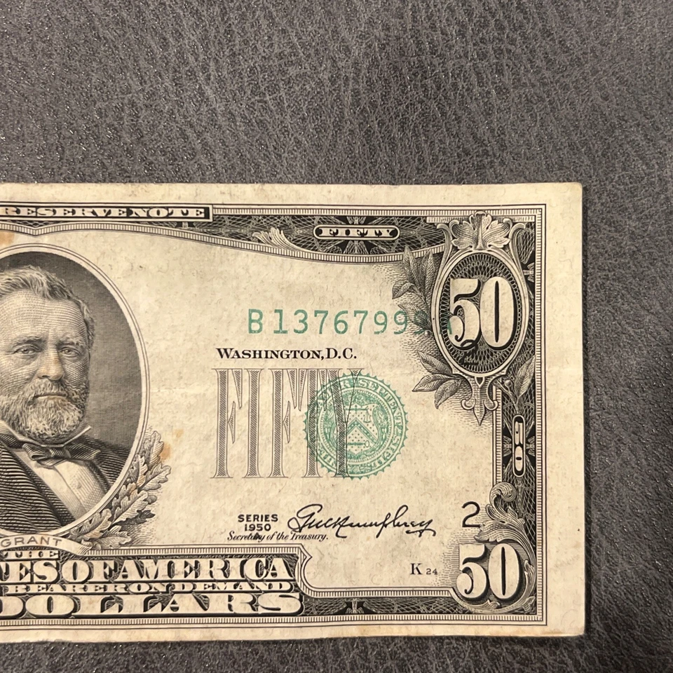 1950 series 50.00$ US DOLLAR BILL MISPRINT with MAJOR PRINT ERROR -misalignment  - Image 3 of 4