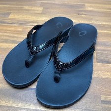 OluKai Puawe Black Leather Flip Flops Thong Beach Sandals Women Sz 8M US/38EU