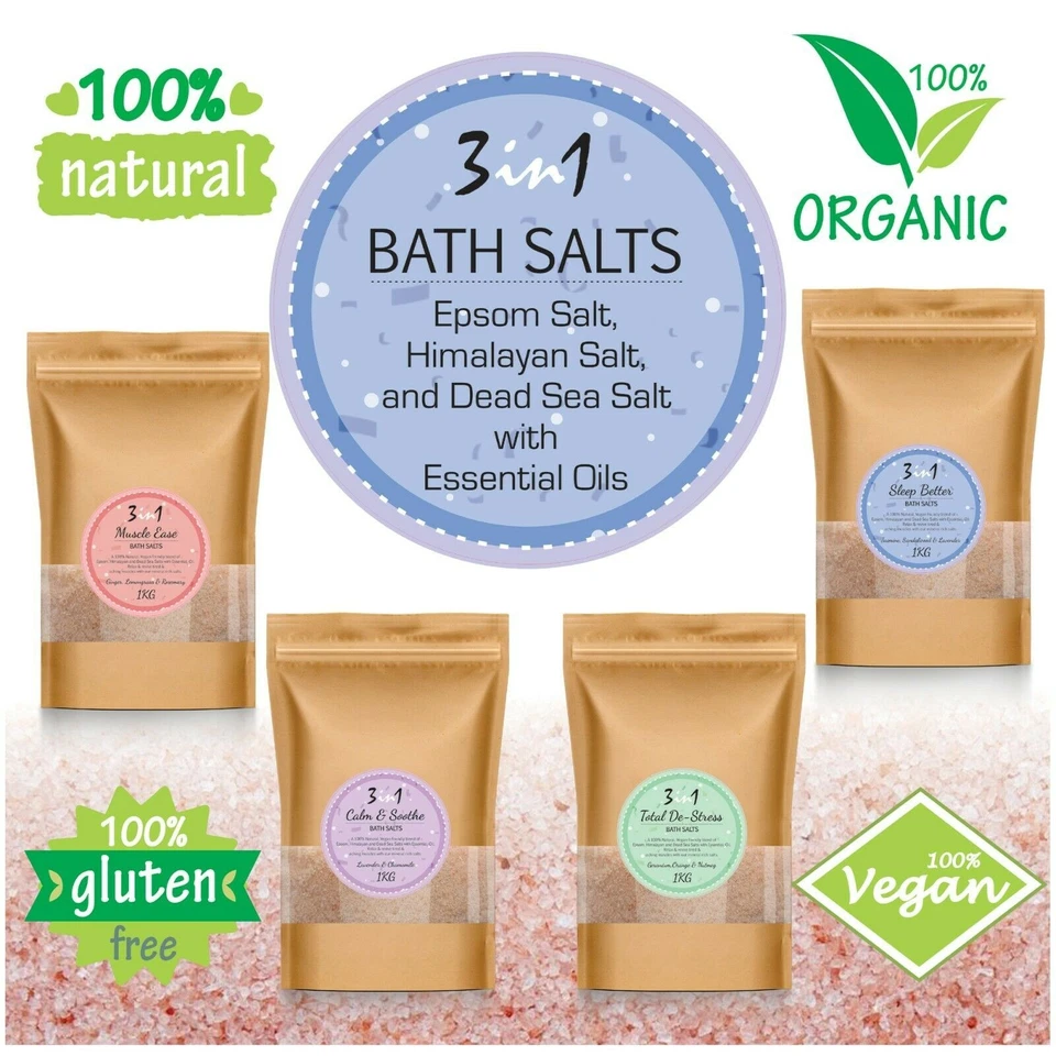 PURE SOURCE NUTRITION 3in1 Sceneted Bath Salts Salt Soak Epsom Salts Himalayan Pink Salt Dead Sea Salt