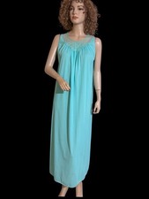 Vintage SEARS Aqua Blue Long Nylon Nightgown W/ Chiffon Trim Sz S