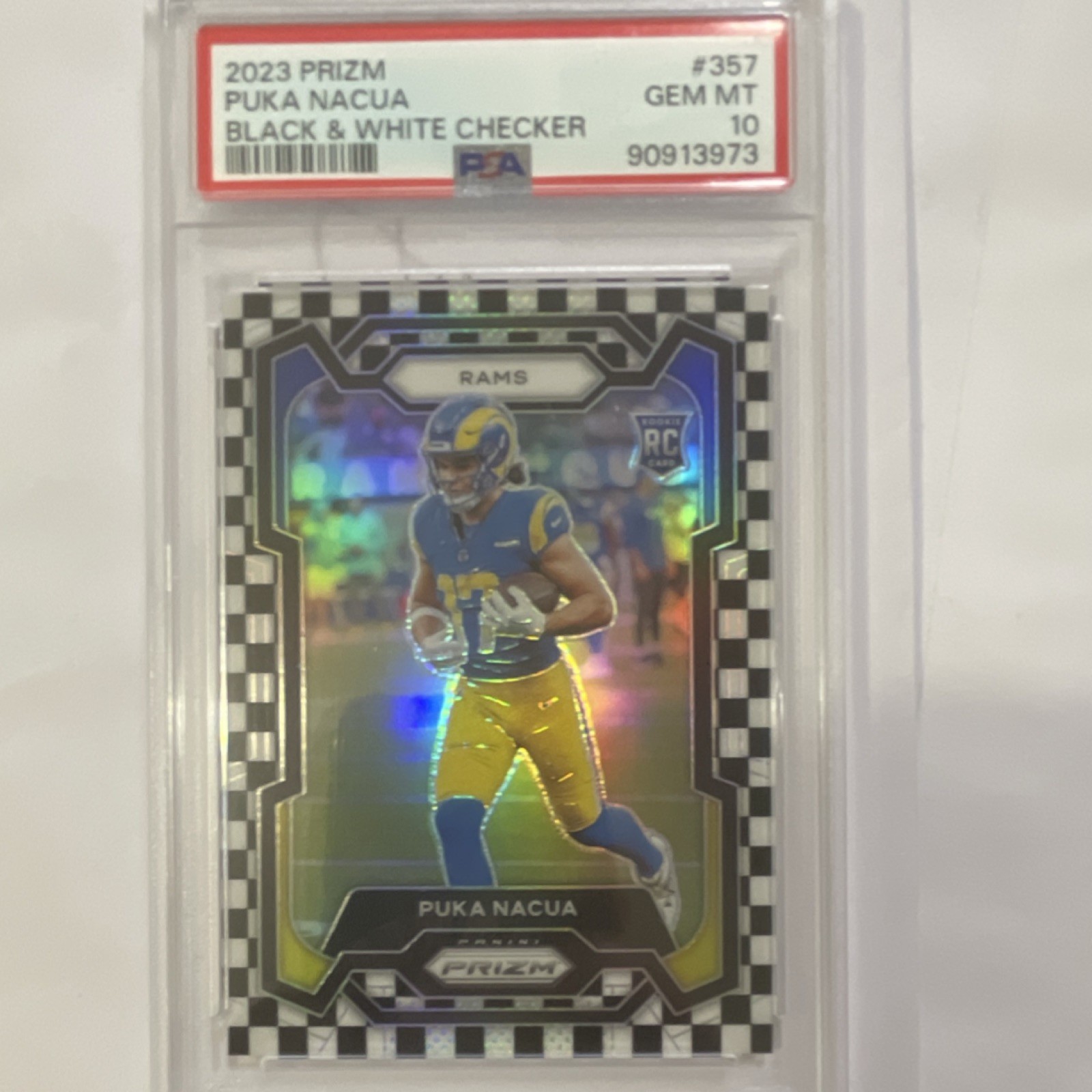 2023 Panini Prizm Puka Nacua Rams Black & White Checker Rookie #357 PSA 10