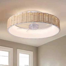 WDETR 20 in. Indoor White Flush Mount Rattan Ceiling Fan w/Light+Remote