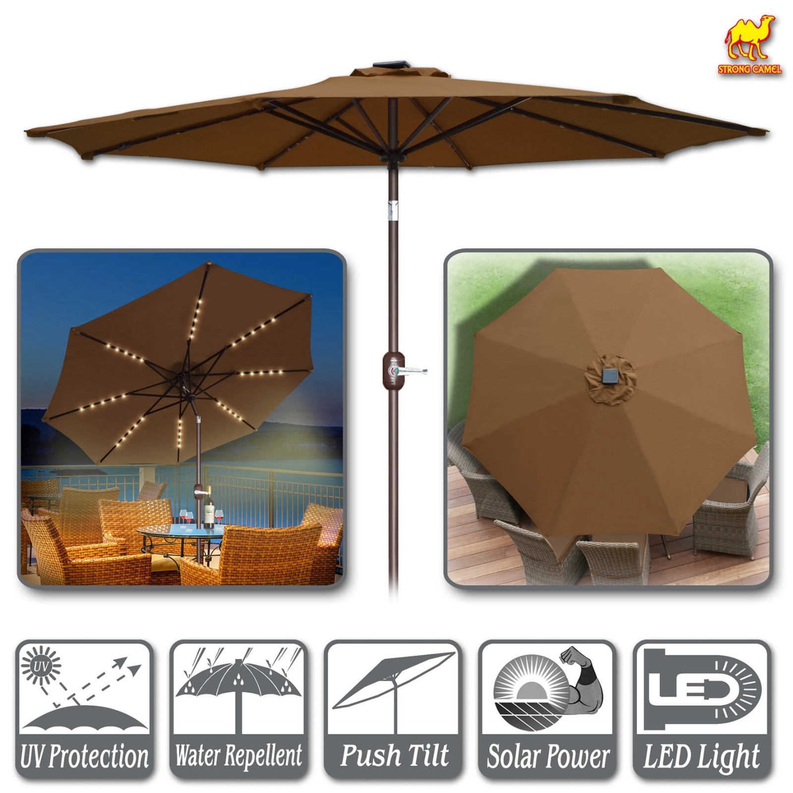 9 Ft Market Round Bluetooth Speaker Solar Lighted Patio Umbrella With Olefin Ca For Sale Online Ebay