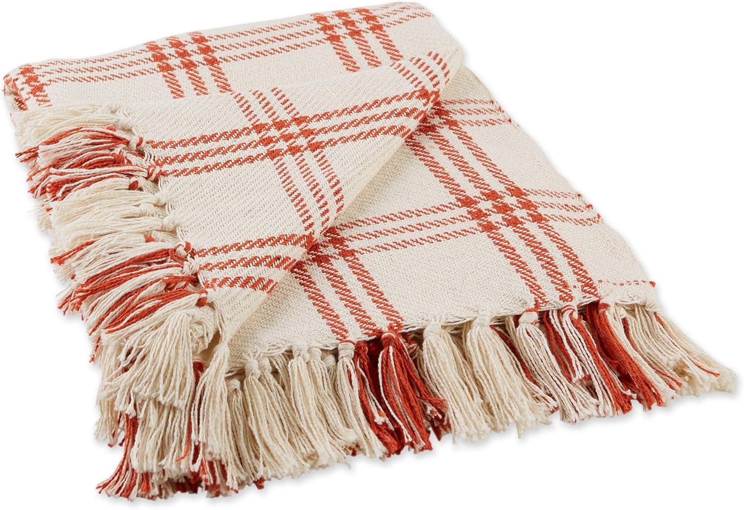 Modern Farmhouse Plaid Collection Cotton Fringe Throw Blanket, 50X60, White/Vint