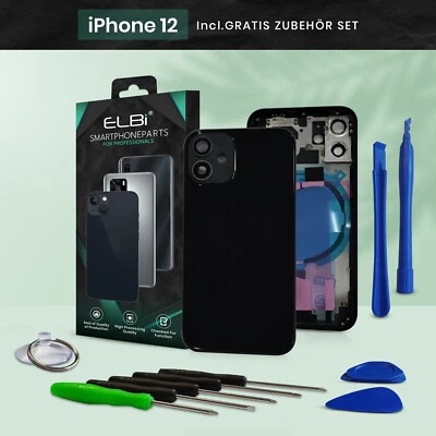 Backcover für iPhone 12 Schwarz Gehäuse Rückseite Rahmen Glas Frame Housing ELBI