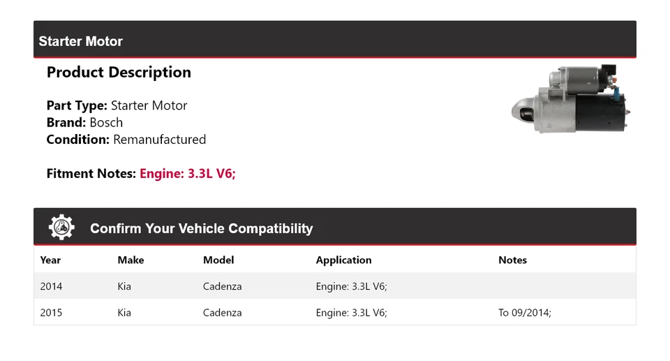Стартер Bosch для 2014-2015 Kia Cadenza 3,3 л V6 (восстановленный) - Изображение 2 из 4