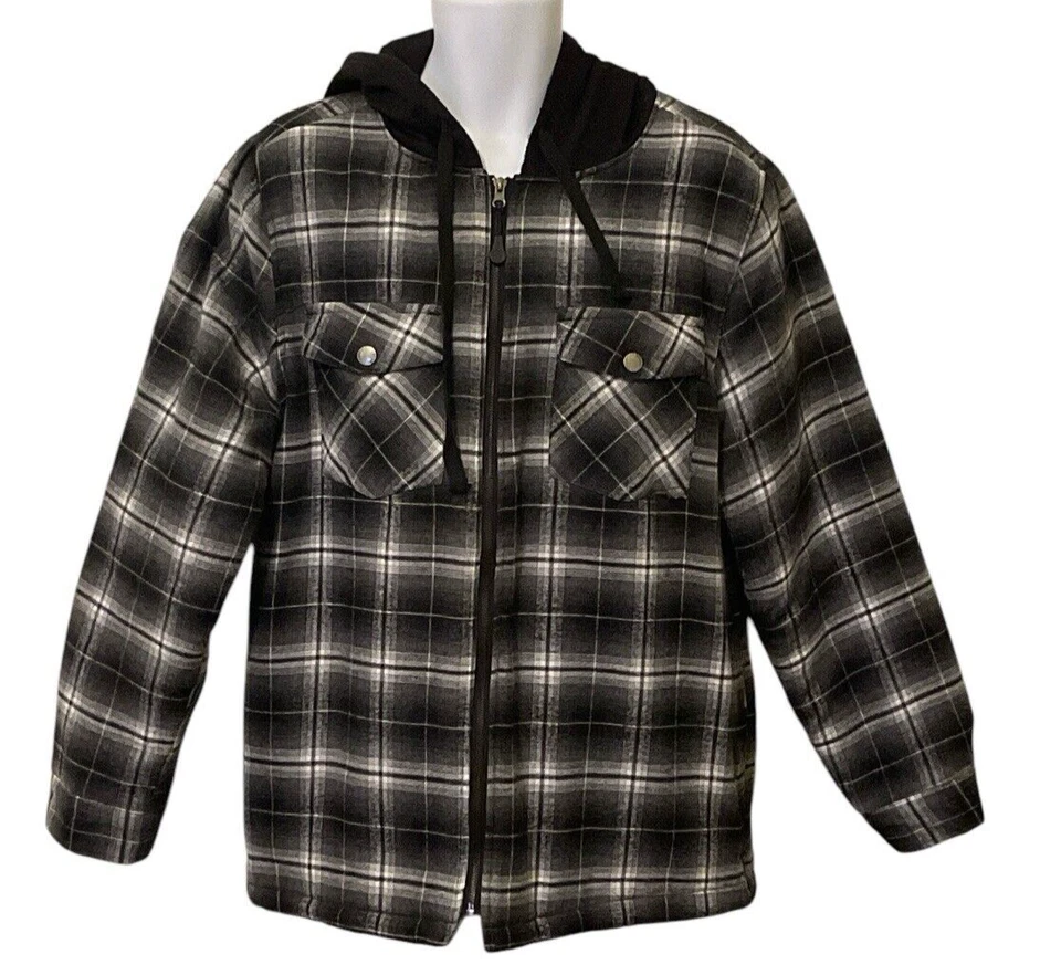 RQQBA Womens Plaid Front Zip Plaid Hood Jacket Size L Black White Front Pockets - Image 2 of 4