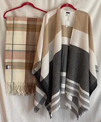 Set of 2 Apt 9 Scarf NWOT & Plaid Wrap Shawl Poncho Grey Ivory & Camel NWT OS