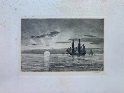 Radierung Carl Locher (1851-1915) Segelschiffe im Sonnenuntergang Maritim - Bild 1 von 4