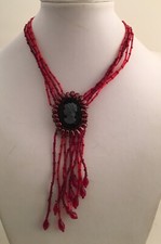 Red 5 Strand Beaded Necklace Cameo Fresh Water Pearls 14" Necklace 5" Pendant