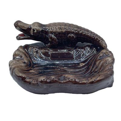 Glazed Alligator Ceramic Ashtray Vintage Brown Gold  Florida Souvenir Tourist 6 