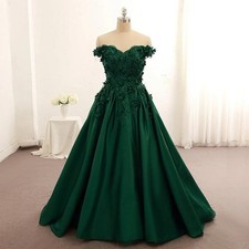 Off Shoulder Green Ball Gown Floral Satin Prom Dress Formal Evening Party Dress