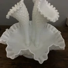 VTG FENTON WHITE MILK GLASS 3-HORN EPERGNE RUFFLE HOBNAIL 9”T 10” W N/ CRK, CHP