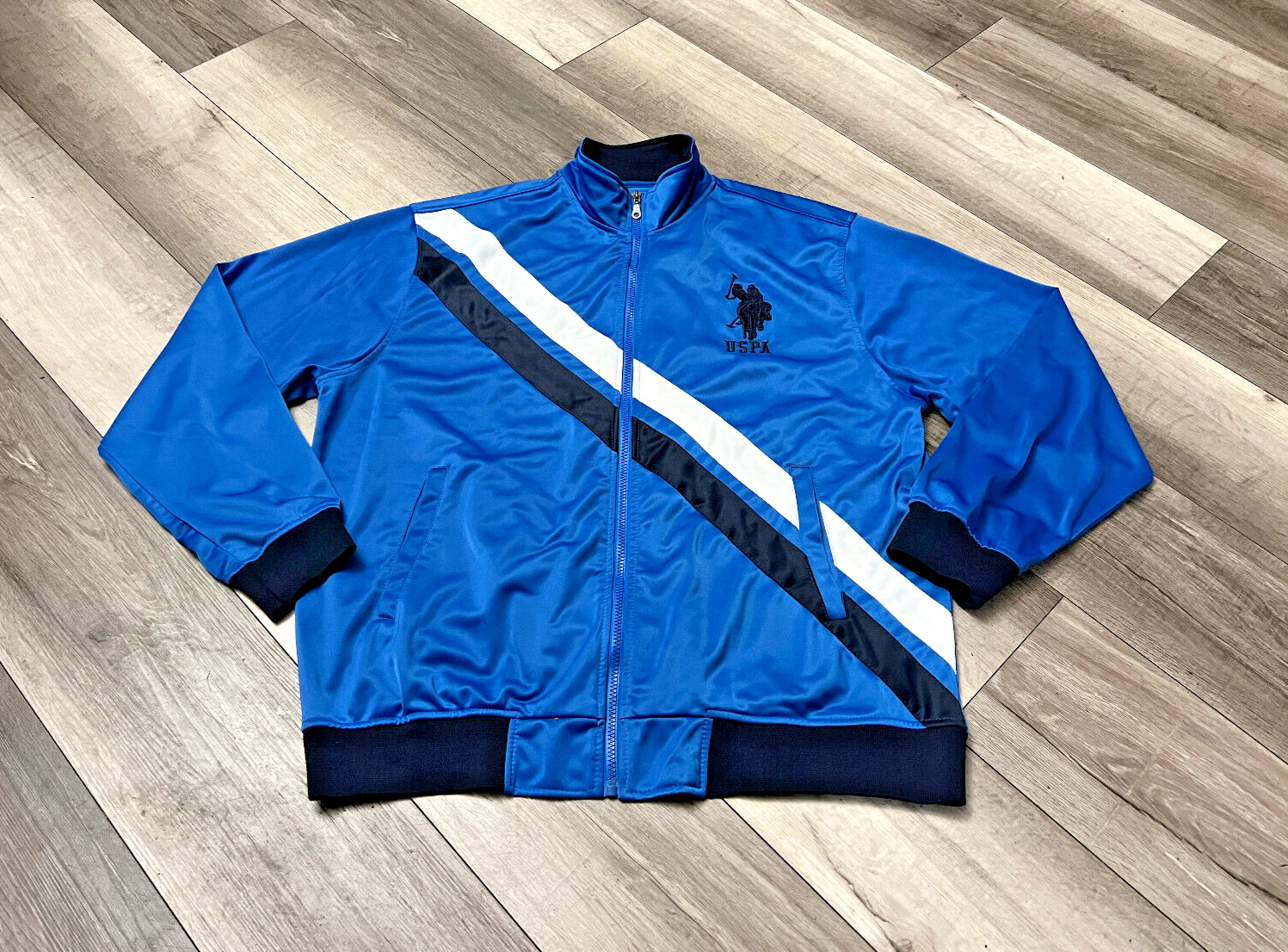 US Polo Assn Royal Blue Diagona Stripe Track Jacket Uomo Big Pony Logo Taglia XL