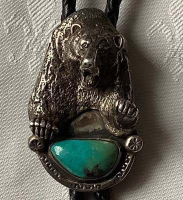 JOHNNY BLUEJAY STERLING SILVER CHARGING BEAR TURQUOISE BOLO TIE