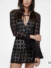 Free People "Back to Black" Bell Sleeve Crochet Mini Dress Size 6