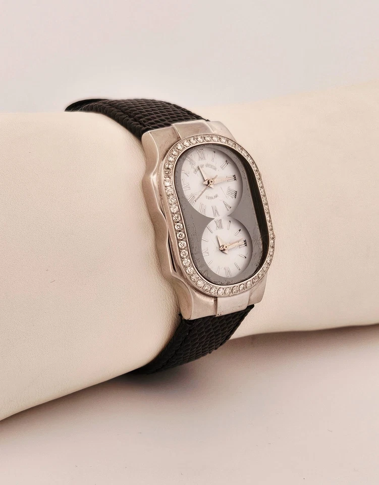 Philip Stein Teslar dual time genuine diamond watch 7.5" deep scratches on Cryst - Image 4 of 4