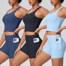 Women's Workout Sets Crop Tops Sports Bra Biker Shorts with Pockets Yoga Outfits