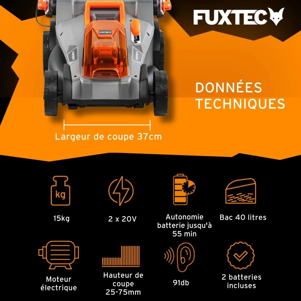 FUXTEC FX-E2RM37 tondeuse électrique sans fil largeur de coupe 37cm SET - Photo 2/4
