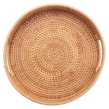 Round Rattan Woven Serving Tray with Handles Ottoman Tray for Breakfast,5129