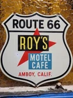VINTAGE ROYS MOTEL PORCELAIN SIGN OLD ROUTE 66 HOTEL AMBOY CALIFORNIA 12" SHIELD