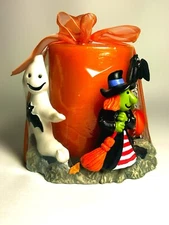Halloween Trick-or-Treat Pillar Candle Holder Ghost Witch Pumpkins Broom